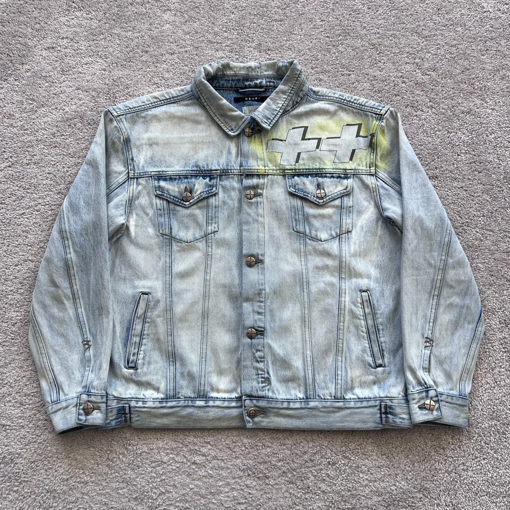 Ksubi OH G Stoked Neon‎ Denim Jacket Mens Small Blue Dollar Sign Graphic Back